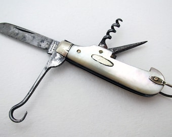 Miniature Antique Victorian c1890 Mother of Pearl & Steel Folding Multi Tool Pocket Penknife, John McClory Sheffield.