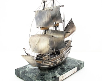 Vintage Sterling Silver Model "The Mayflower" Sailing Ship Statue Limited Edition 62/850 Verde Alpi Marble Base