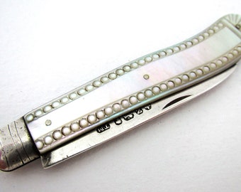 Victorian (1867) Solid Sterling Silver Mother of Pearl MOP English Sheffield Folding Penknife. Thomas Marples.