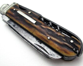 Antique Coachmans Folding Multi Tool Lambfoot Pocketknife, Stag Scales, Sheffield 19th-century.