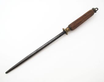 Antique Victorian Sheffield Sharpening Steel Rod Meat Carving Sharpener, Wood Handle, Brass Mounts.