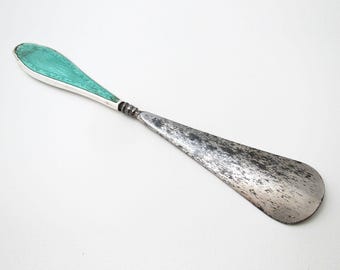 Antique Sterling Silver Handled Green Guilloche Enamel Shoehorn English Hallmarked Art Deco 1931