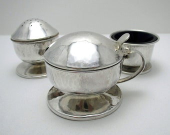 Rare Liberty & Co Arts and Crafts Antique Solid Sterling Silver Cruet, Salt Cellar, Pepper Pot, Mustard Pot Set, 1917.