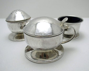 Rare Liberty & Co Arts and Crafts 'Mushroom' Solid Sterling Silver Cruet: Salt Cellar, Pepper Pot, Mustard Pot Set