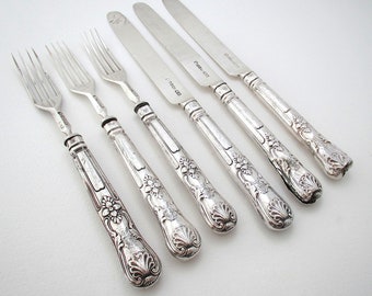 3 Pairs Antique English Sheffield Georgian 1835 Sterling Silver Dessert Fruit Cutlery. King's pattern.