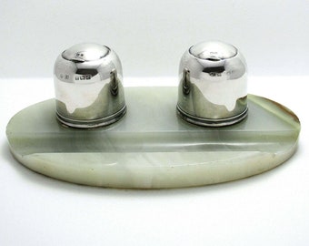 Art Deco Solid Sterling Silver & Eau de Nil Green Onyx Base Double Inkwell Ink Stand.