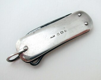 Antique Edwardian Sterling Silver Cased Small Pocket Folding Multi Tool Penknife Pendant Fob, Birmingham 1910