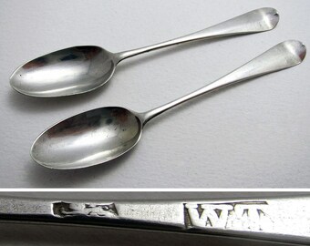 Pair of Antique (c1773) Georgian George III HANOVERIAN Solid Sterling Silver Tea/Coffee Spoons, William Turton, English Hallmarked.