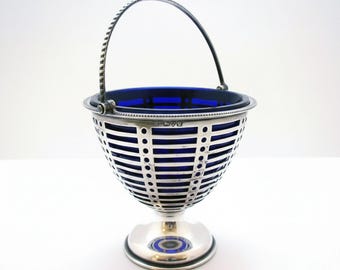 Antique English Chester Solid Sterling Silver Sugar Basket Bon Bon Blue Glass Liner Dish Bowl, 1920