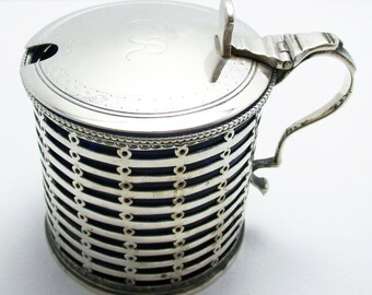 Antique Edwardian 1902 Large Solid Sterling Silver Pierced Drum Mustard Pot/Cruet. English Hallmarked.