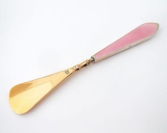 Antique Sterling Silver Handled Blush Pink Guilloche Enamel Gilded Shoehorn English Hallmarked Art Deco 1928
