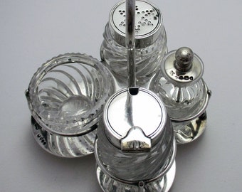 Superb Hukin & Heath Solid Sterling Silver Glass Antique 4-piece Cruet: Pepper Shaker, Salt, Mustard Pot, Cayenne Jar with Snuff Spoon.