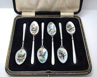 Cased Set Vintage Solid Sterling Silver English Enamel Tea Coffee Spoons, Hand Painted Birds/Duck.