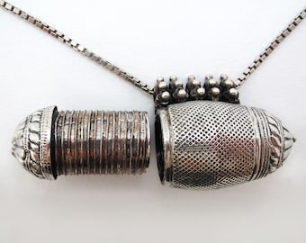 Rare Indian Antique c1890 Silver Metal Amulet Openable Talisman Pendant Container Locket Necklace. 19th Century.