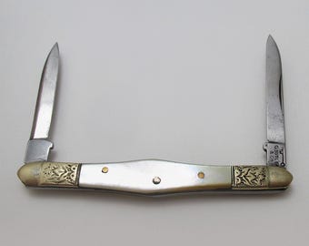 George Butler & Co Victorian Sheffield Double Folding Quill Pen Cutter Pencil Sharpener Mother of Pearl High Carbon Steel Penknife c1880