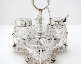 Superb Hukin & Heath Solid Sterling Silver Glass English Antique 4-piece Cruet: Pepper Shaker, Salt, Mustard Pot, Cayenne Jar and Spoon.