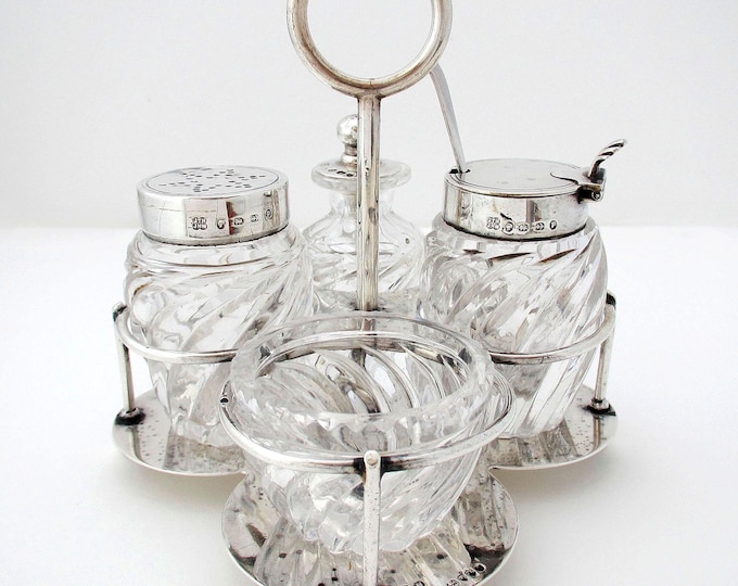 Featured listing image: Superb Hukin & Heath Solid Sterling Silver Glass English Antique 4-piece Cruet: Pepper Shaker, Salt, Mustard Pot, Cayenne Jar and Spoon.