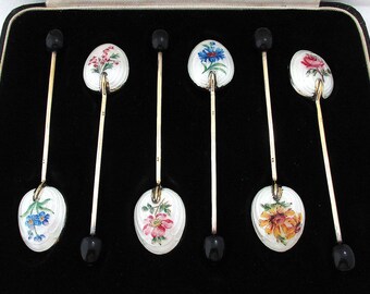 Cased Set Vintage Solid Sterling Silver Gilt English Floral Enamel Tea Coffee Bean Spoons 1954.