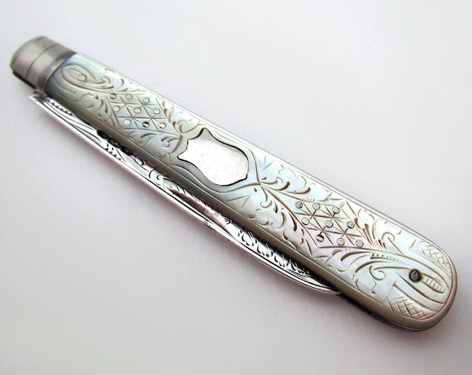 Featured listing image: Antique Edwardian 1919 Sheffield Sterling Silver & Mother of Pearl Folding Fruitknife, Bright-cut Floral Engravings.