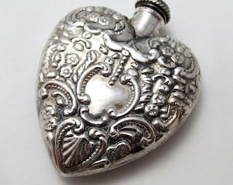 Vintage 1991 Heart-shaped Solid Sterling Silver Scent Perfume Bottle Pendant Chatelaine, Fully Hallmarked.