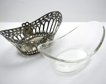 Antique c.1890 German Pierced Silver 800 Bon Bon Nut Glass Dish Sugar Bowl Basket.