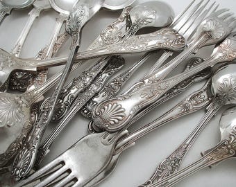Rare Queens Pattern Sheffield c1880 Antique Silver Plated Cutlery Bouillon Soup Dessert Table Dinner Kings Spoon Fork, Food Photography Prop