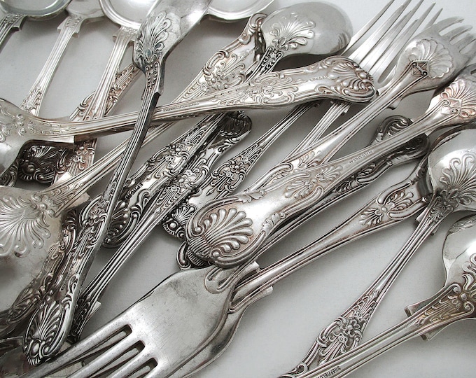 Featured listing image: Rare Queens Pattern Sheffield c1880 Antique Silver Plated Cutlery Bouillon Soup Dessert Table Dinner Kings Spoon Fork, Food Photography Prop