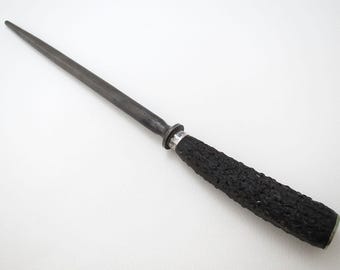 Antique Edwardian Sheffield Sharpening Steel Rod Meat Carving Sharpener, Horn Handle, Silver Mount 1908.
