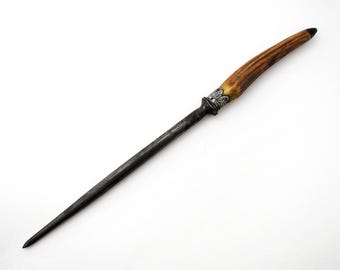 Antique Victorian Sheffield Sharpening Steel Rod Meat Carving Sharpener, Stag Antler Handle, Silver Mount c1850.
