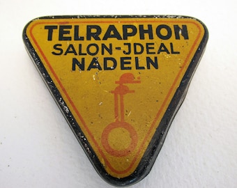 German Rare Triangular Gramophone Needle Tin Case Nadeldose TELRAPHON SALON-JDEAL Nadeln. Antique/Vintage