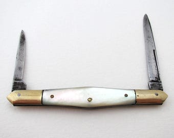 Great Quality Mulberry Cutlery Sheffield Antique Victorian Double Quill Pen Cutter / Sharpener, Mother of Pearl Folding Pocket Penknife.