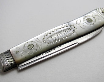 Ornate Antique Victorian (1849) Sterling Silver & Mother of Pearl Folding Fruit Penknife.