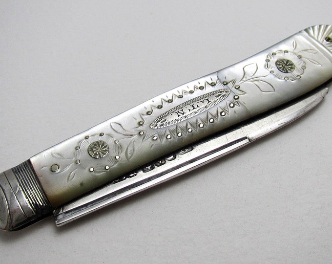 Featured listing image: Ornate Antique Victorian (1849) Sterling Silver & Mother of Pearl Folding Fruit Penknife.