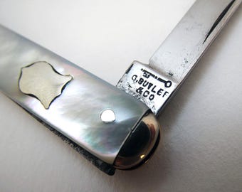 George Butler & Co Quality Antique Pocket Double Folding Penknife Mother of Pearl High Carbon Steel Sheffield c1900