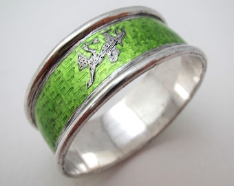 Vintage Siam Thai Sterling Silver Green Enamel Napkin Ring, Deity Garuda Inlay, c1960