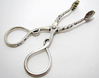 Rare Antique English Victorian 1886 Solid Sterling Silver Whiplash Pattern Sugar Tongs.