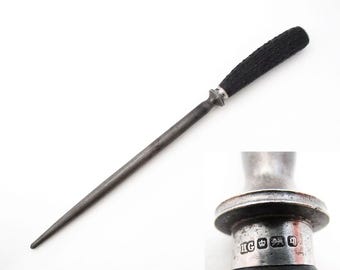 Antique English Edwardian Sheffield Sharpening Rod Honing Steel Cutlery Sharpener, Horn Handle, Sterling Silver Mounts, Made in England 1908