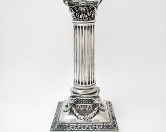 Antique Victorian 1897 English Sterling Silver Single Corinthian Column Candlestick with Rams Heads