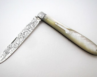 Large Antique Victorian Engraved Floral Sterling Silver & Mother-of-Pearl Fruitknife, Sheffield 1857