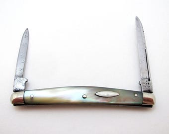 Beautiful Antique Victorian Sheffield Small Double Folding Quill Pen Cutter Pencil Sharpener Mother of Pearl High Carbon Steel Penknife