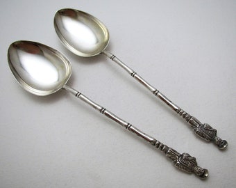 Pair of Wang Hing c1890 Antique Chinese Export Figural Solid Silver Tea Spoons, Qing Scholar holding a Ruyi.