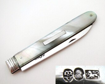 Top Quality Antique Georgian 1819 Sterling Silver & Mother of Pearl Folding Fruitknife