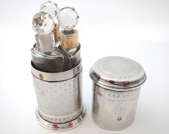 Antique French Solid Sterling Silver Triple Scent Perfume Bottle Case Jar Box c1880