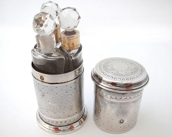 Featured listing image: Antique French Solid Sterling Silver Triple Scent Perfume Bottle Case Jar Box c1880