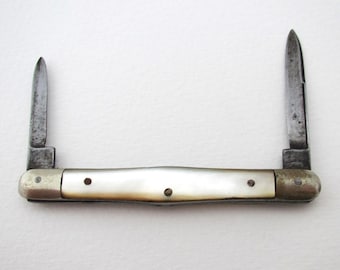 Antique Victorian Double Quill Cutter / Quill Pen Pencil Sharpener, Mother of Pearl Folding Pocket Penknife.