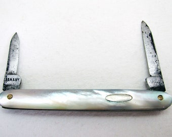 Rare German Antique c.1910 Mother of Pearl Miniature Pocket Double Folding Penknife/Quill Cutter