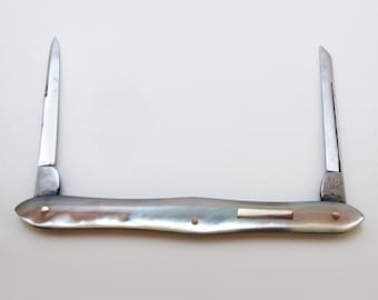 Walter Thornhill & Co Victorian Antique c1880 Double Folding Quill Pen Cutter Pencil Sharpener Mother of Pearl High Carbon Steel Penknife