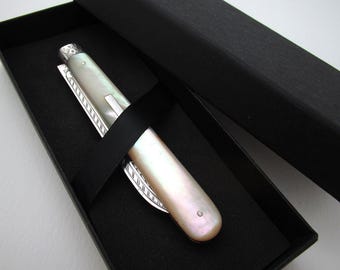 Large Antique Victorian 1888 Sterling Silver & Mother of Pearl Folding Fruitknife with Bright-cut Engraving