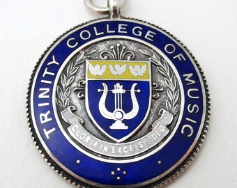 Vintage Trinity College of Music Solid Sterling Silver & Blue Enamel Circular British Pocket Watch Fob Medal Pendant Birmingham 1944