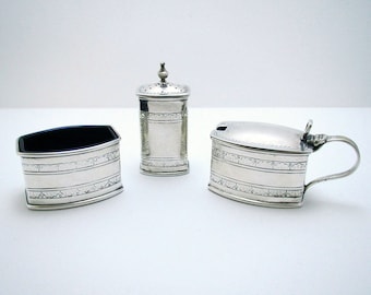 Rare Liberty & Co Arts and Crafts Solid Sterling Silver Cruet: Salt Cellar, Pepper Pot, Mustard Pot Set
